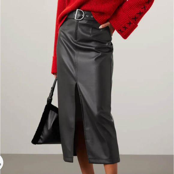 Ashley Park Black Faux Leather Maxi Skirt Size 16 Belt Slit Pencil Designer $225 - Picture 1 of 11